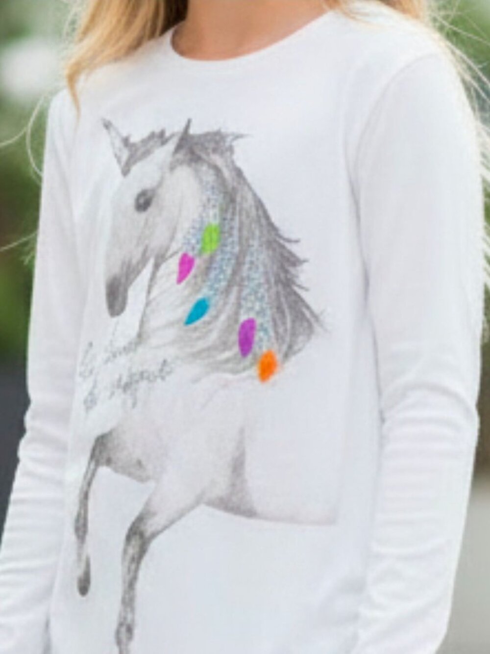 Girls XL Hanes Long-Sleeve White T-Shirt With Unicorn Graphic & Glitter Accents